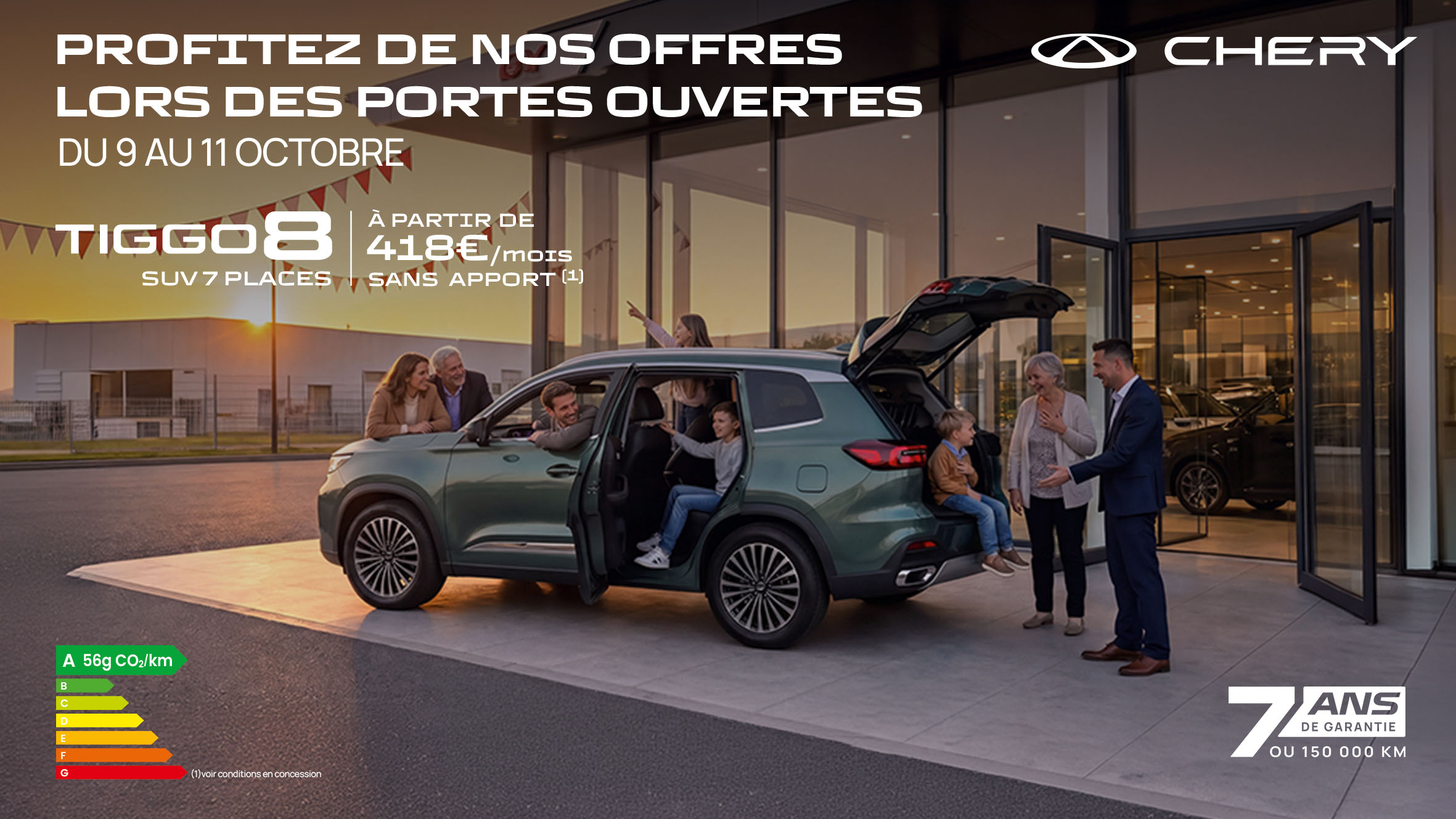 Portes ouvertes CHERY du 9 au 11 octobre : TIGGO 7, SUV compact hybride, à partir de 281 € par mois sans apport, sous conditions.